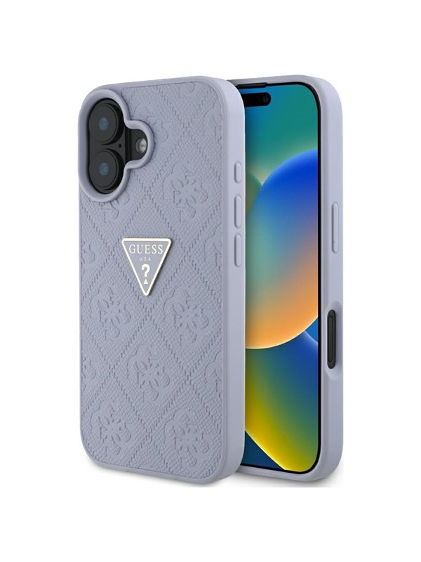 GUESS Hot Stamp 4G Pattern Triangle Metal Logo iPhone 16 Case - Purple