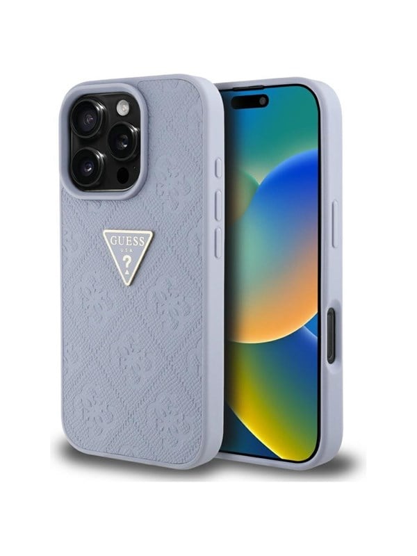 GUESS Hot Stamp 4G Pattern Triangle Metal Logo Case for iPhone 16 Pro Max - Purple