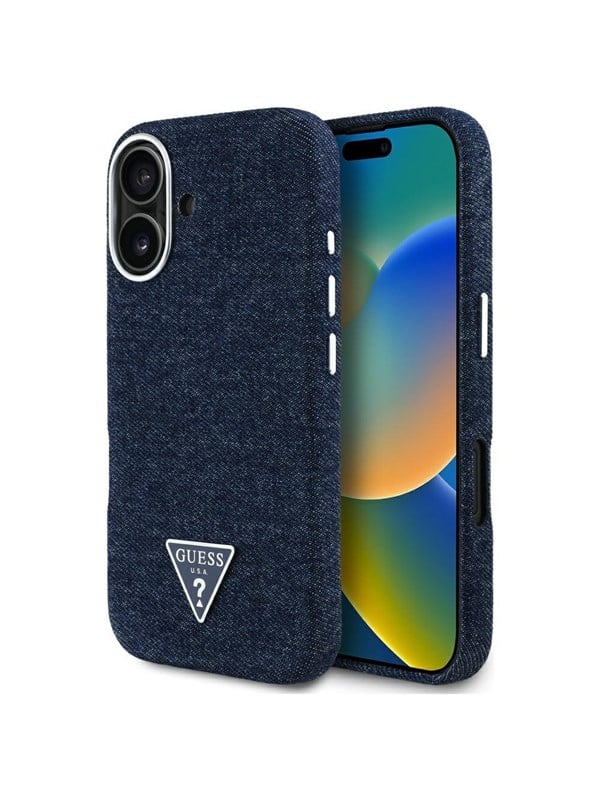 GUESS Denim Triangle Logo MagSafe iPhone 16 Case - Blue