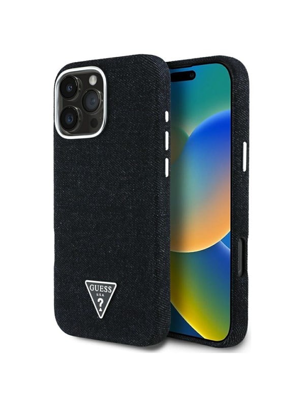 GUESS Denim Triangle Logo MagSafe iPhone 16 Pro Max Case - Black