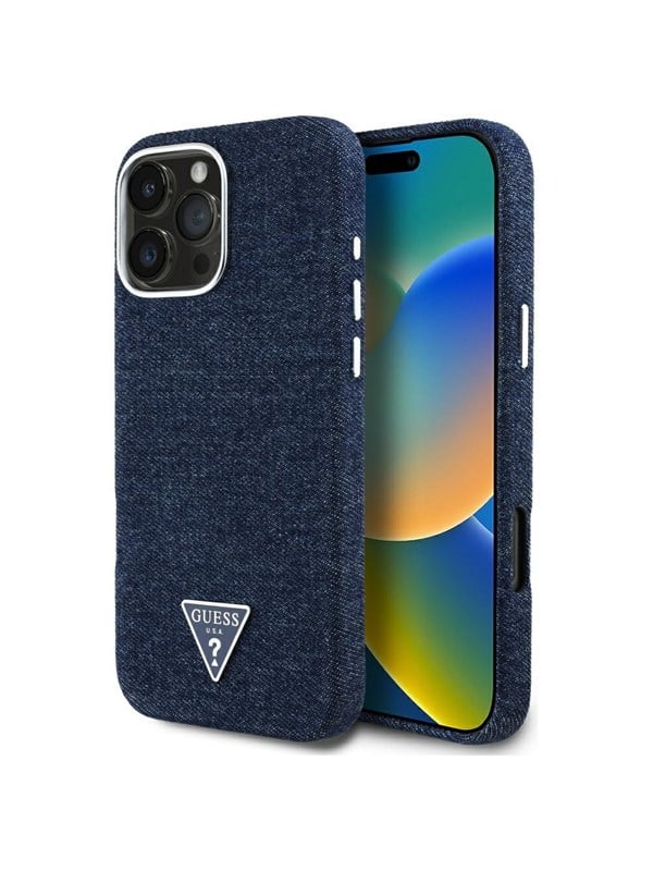 GUESS Denim Triangle Logo MagSafe iPhone 16 Pro Max Case - Blue