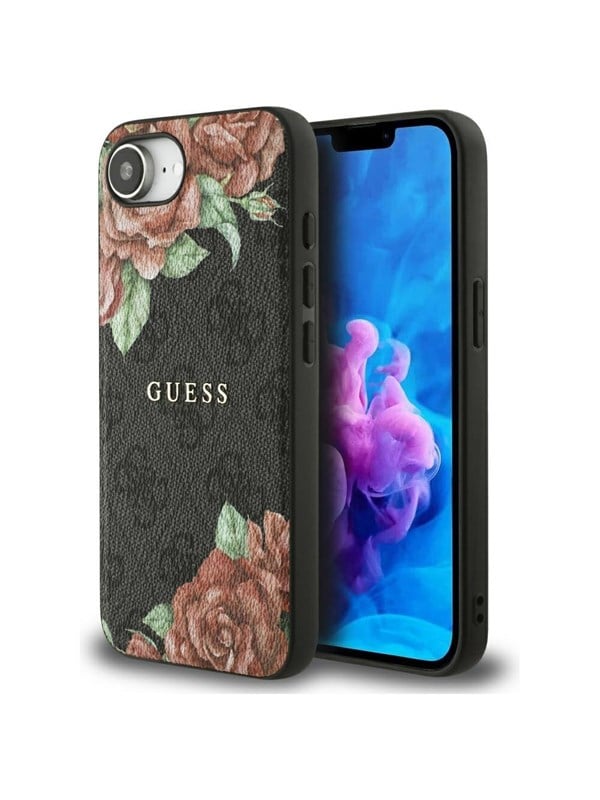 GUESS 4G Flowers Print MagSafe case for iPhone 16e - black