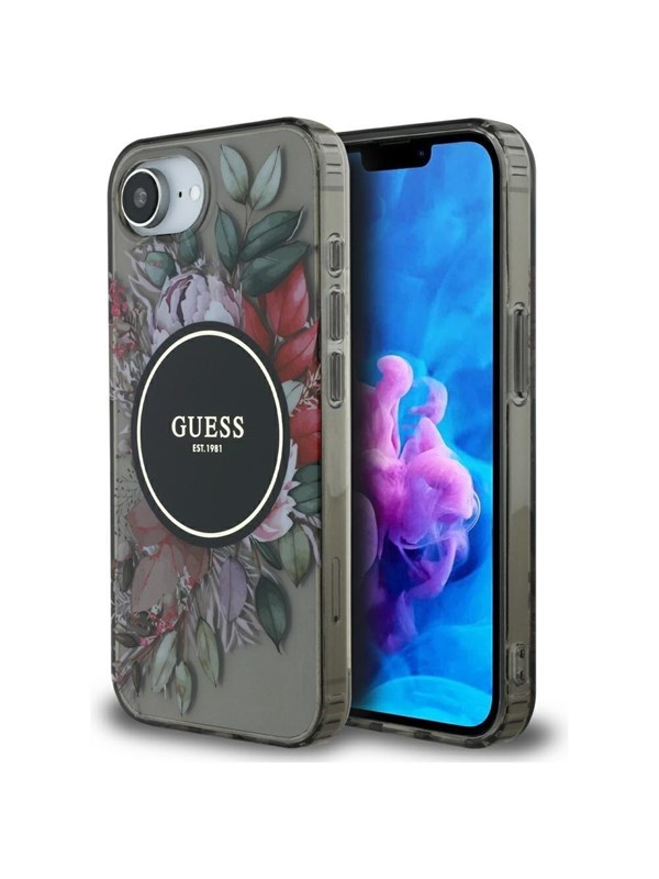 GUESS IML Flowers MagSafe iPhone 16e Case - Black