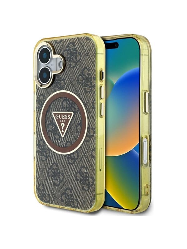 GUESS IML Metal Glitter 4G Circle Triangle MagSafe Case for iPhone 16 - Brown