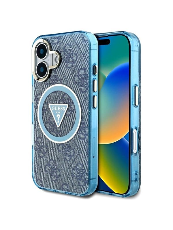 GUESS IML Metal Glitter 4G Circle Triangle MagSafe Case for iPhone 16 - Blue