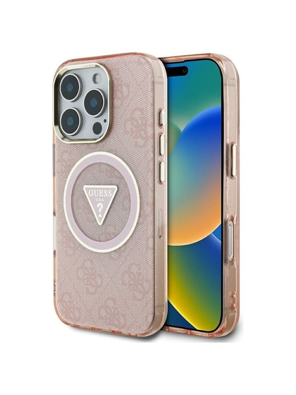 GUESS IML Metal Glitter 4G Circle Triangle MagSafe Case for iPhone 16 Pro Max - Pink