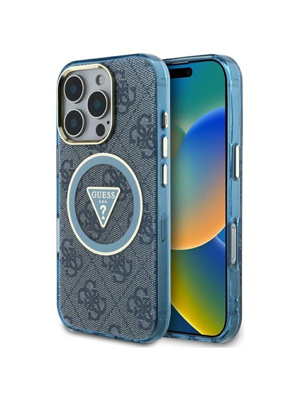GUESS IML Metal Glitter 4G Circle Triangle MagSafe Case for iPhone 16 Pro - Blue