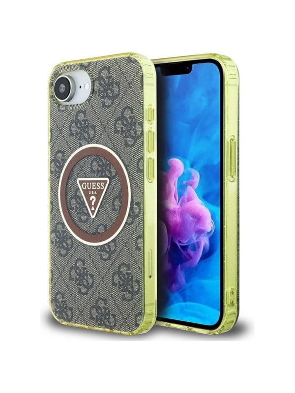 GUESS IML Metal Glitter 4G Circle Triangle MagSafe case for iPhone 16e - brown
