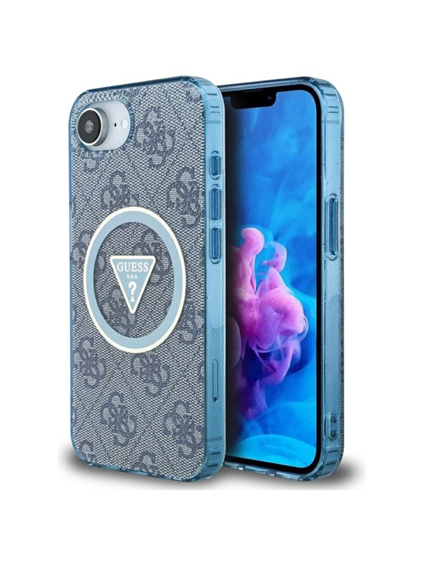 GUESS IML Metal Glitter 4G Circle Triangle MagSafe Case for iPhone 16e - Blue
