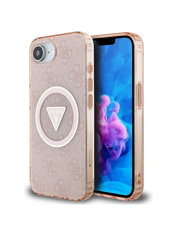 GUESS IML Metal Glitter 4G Circle Triangle MagSafe case for iPhone 16e - pink