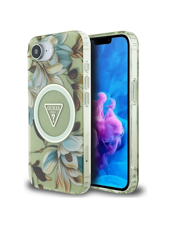 GUESS IML Metal Glitter Flowers Triangle MagSafe iPhone 16e Case - Green