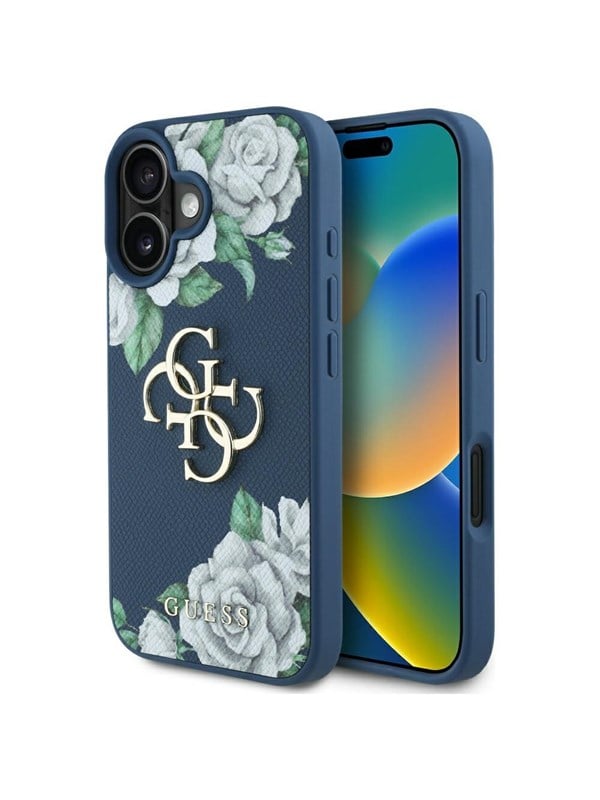 GUESS Grained Roses Big 4G logo case for iPhone 16 - blue
