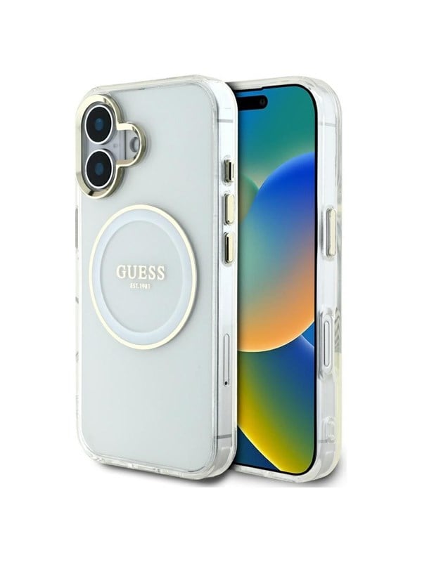 GUESS IML Metal Colored Circle Classic Logo MagSafe case for iPhone 16 - white