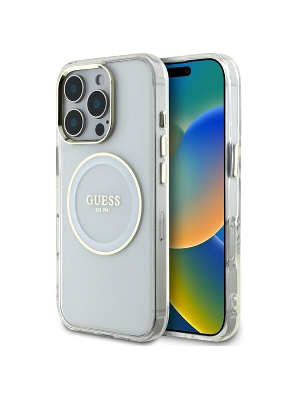 GUESS IML Metal Colored Circle Classic Logo MagSafe case for iPhone 16 Pro - white