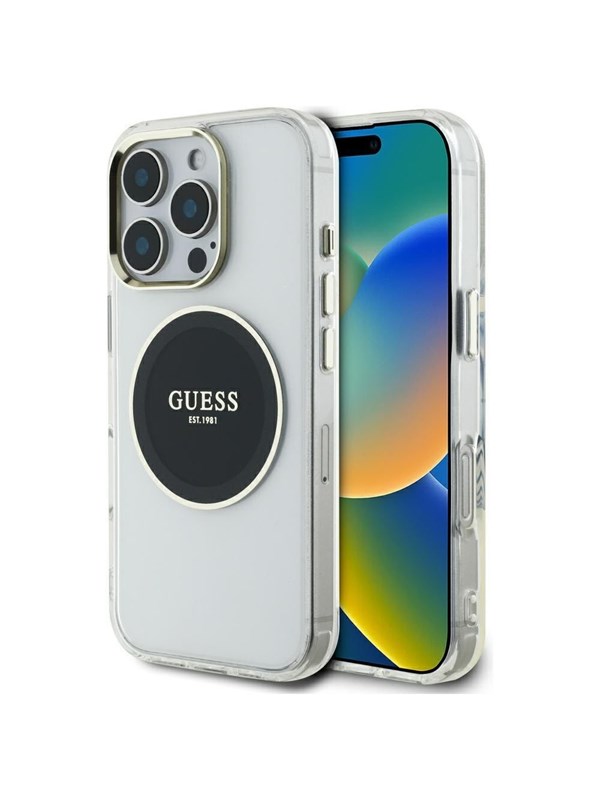 GUESS IML Metal Colored Circle Classic Logo MagSafe case for iPhone 16 Pro - black