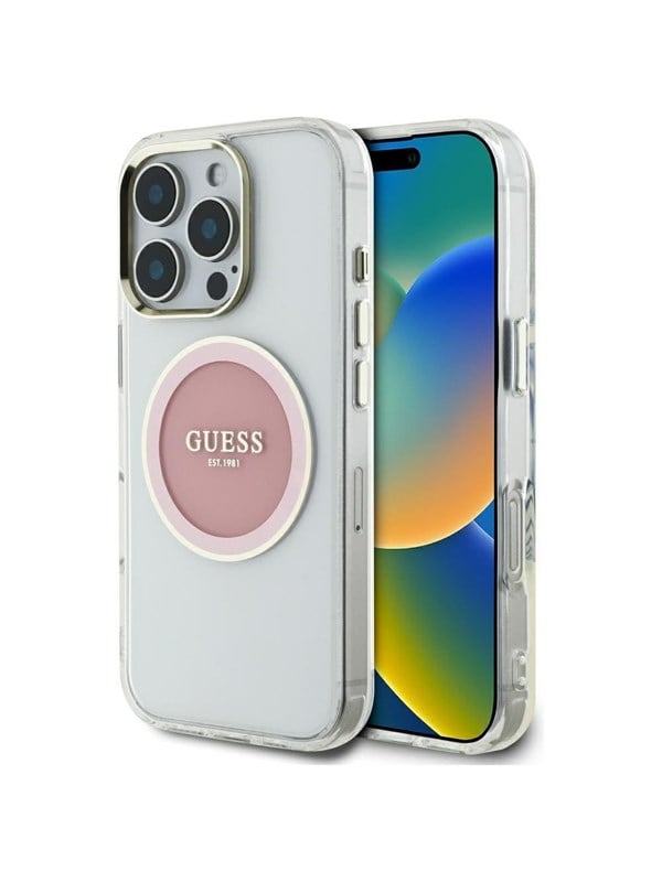 GUESS IML Metal Colored Circle Classic Logo MagSafe case for iPhone 16 Pro Max - pink