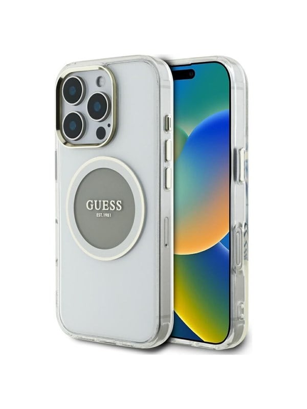 GUESS IML Metal Colored Circle Classic Logo MagSafe case for iPhone 16 Pro Max - gray