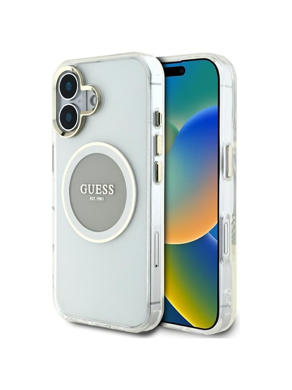 GUESS IML Metal Colored Circle Classic Logo MagSafe case for iPhone 16 - gray