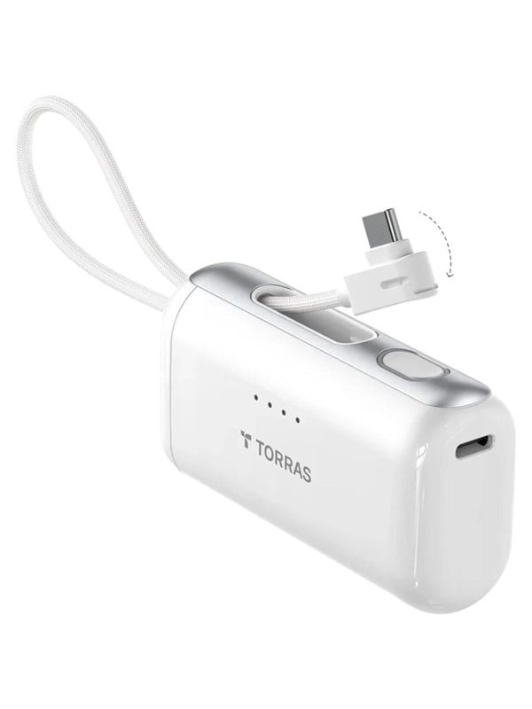 Torras PocketVolt 5K powerbank with built-in USB-C Cable - 225W PD - White - 5000 mAh