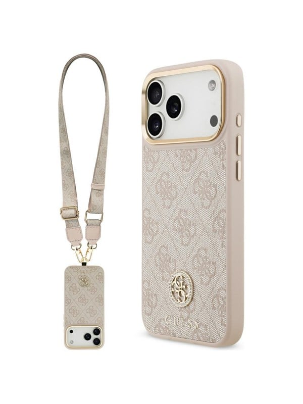 GUESS 4G Strass Logo  Big Strap Metal Buttons MagSafe Case for iPhone 17 Pro Max - Pink