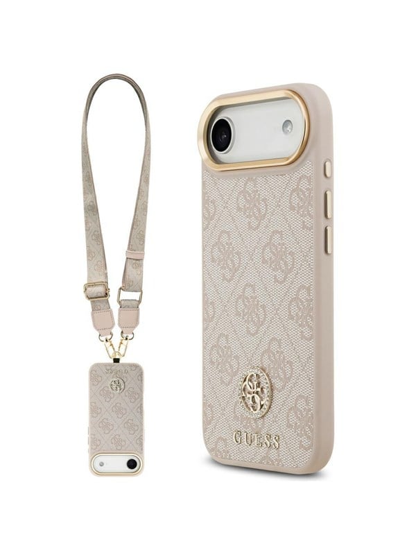 GUESS 4G Strass Logo  Big Strap Metal Buttons MagSafe Case for iPhone Air - Pink