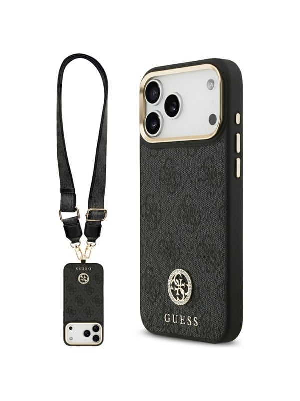 MagSafe Hülle für Apple iPhone 17 Pro Max, Guess, 4G Strass Logo mit großem Band, Schwarz