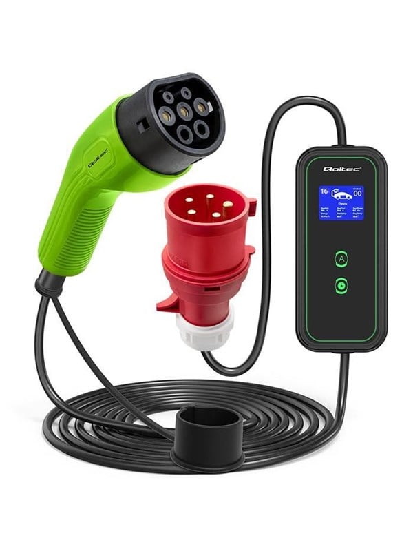 Qoltec Mobile EV charging station - with 2-in-1 Type 2 adjustment portable LCD LED - IEC 62196-2 Mennekes - 11 kW