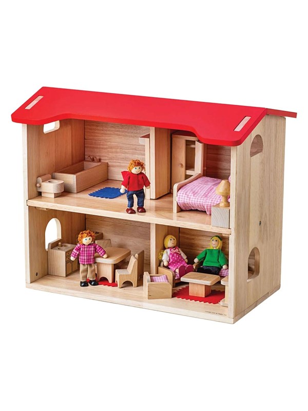 Bigjigs Wooden Dollhouse Complete with Furniture and 4 Dolls