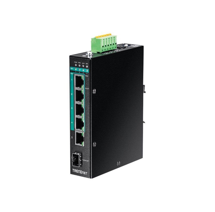 Switches - TRENDnet TI-PG541 5-Port Hardened Industrial Gigabit PoE+ DIN-Rail Switch - TI-PG541