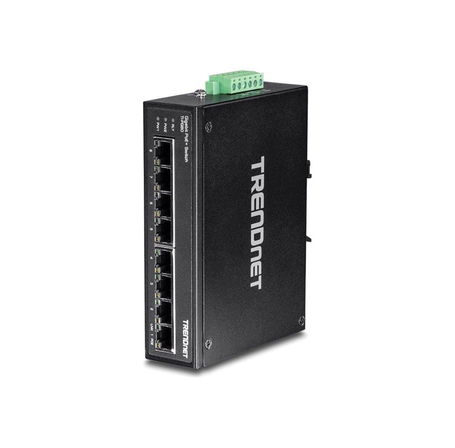 Switches - TRENDnet TI-PG80 8-Port Hardened Industrial Gigabit PoE+ DIN-Rail Switch - TI-PG80