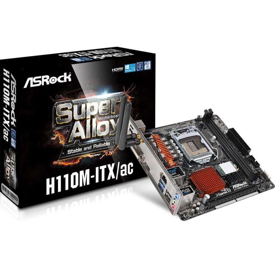 Mainboard - ASRock H110M-ITX/ac Mainboard - Intel H110 Express - Intel LGA1151 socket - DDR4 RAM - Mini-ITX - H110M-ITX/AC