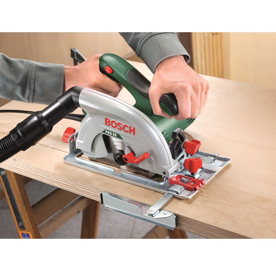 Sega Circolare Manuale Bosch PKS 55 - 1200W, Disco 160mm, Guida Parallela E Aspirazione Polvere