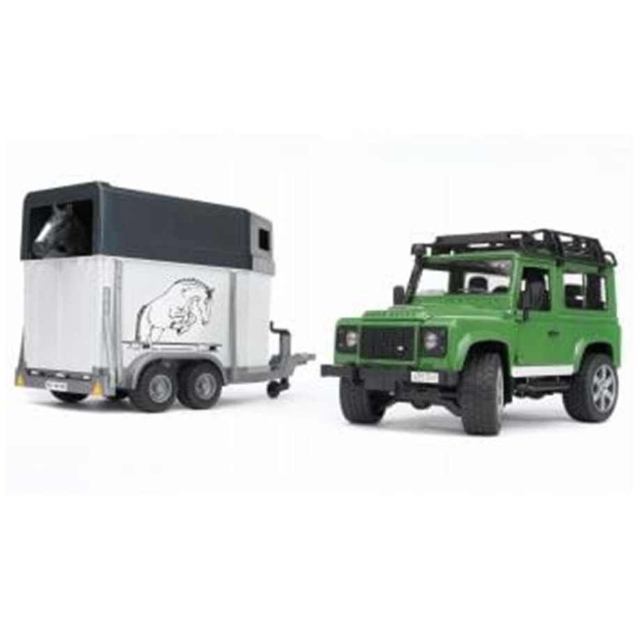 Spielzeugauto - Bruder Land Rover Defender Station Wagon with horse trailer + 1 horse - 02592