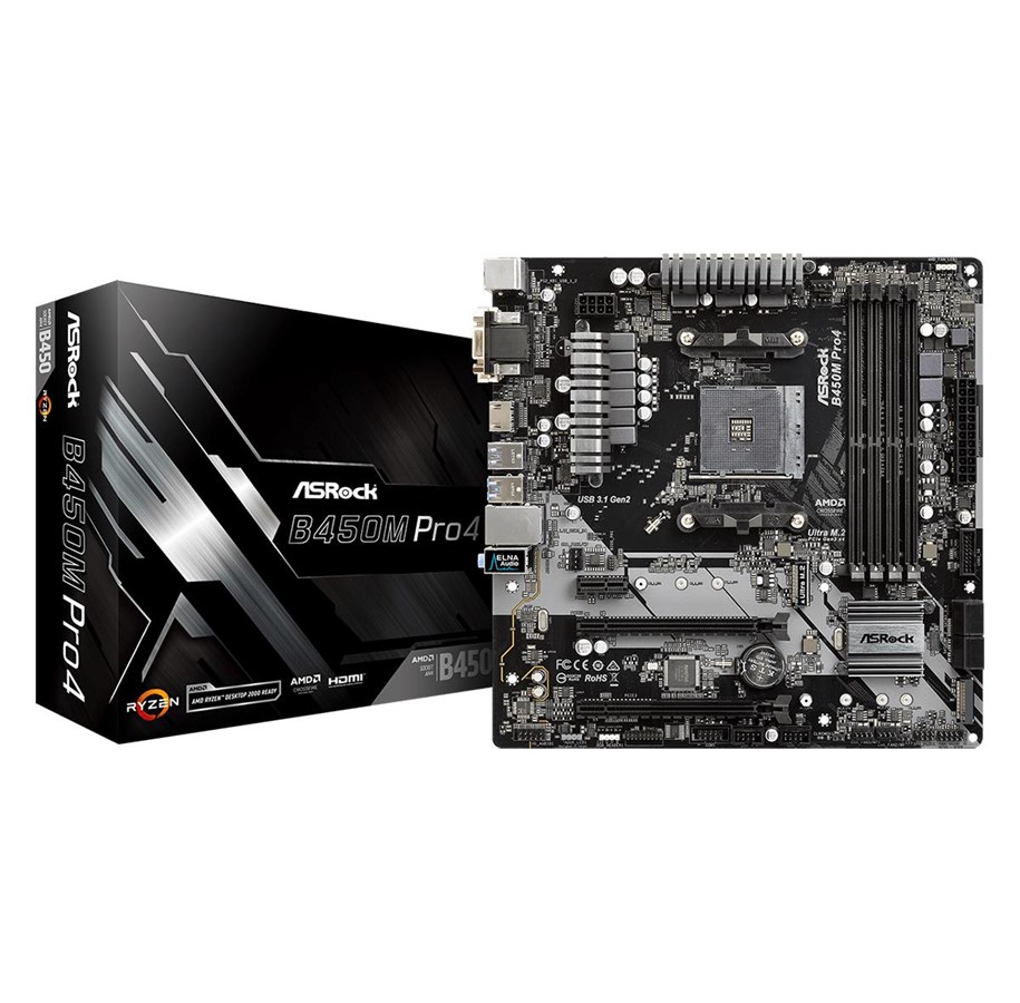 Mainboard - ASRock B450M Pro4 Mainboard - AMD B450 - AMD AM4 socket - DDR4 RAM - Micro-ATX - 90-MXB8F0-A0UAYZ
