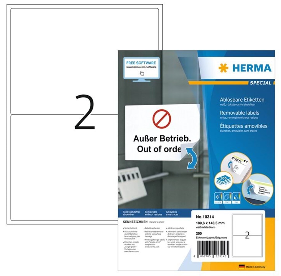 Papier, Fotopapier und Etiketten - HERMA Ablösbare Etiketten A4, 199,6 x 143,5 mm, weiß - 10314