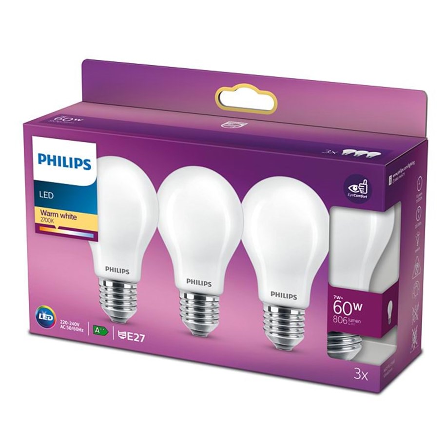 LED-Birnen - Philips LED-Lampe Classic Standard 7W/827 (60W) Frosted 3-pack E27 - 929001243059