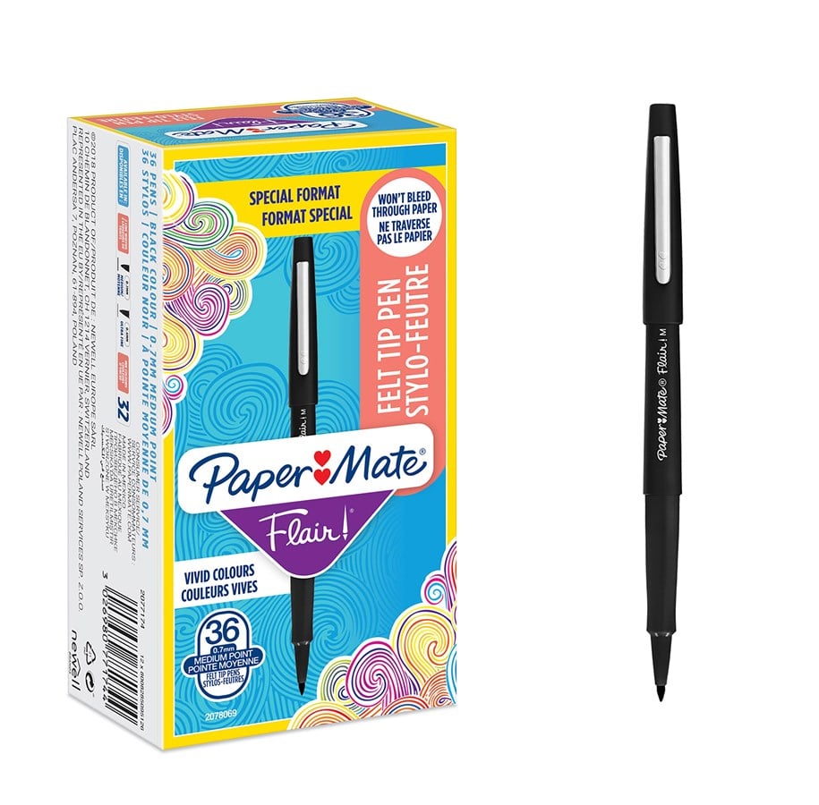 Utensilien zum Schreiben und Zeichnen - Paper Mate  Flair Filzstifte | mittlere Spitze (0,7 mm) | Schwarz | 36 Stück - 2077174