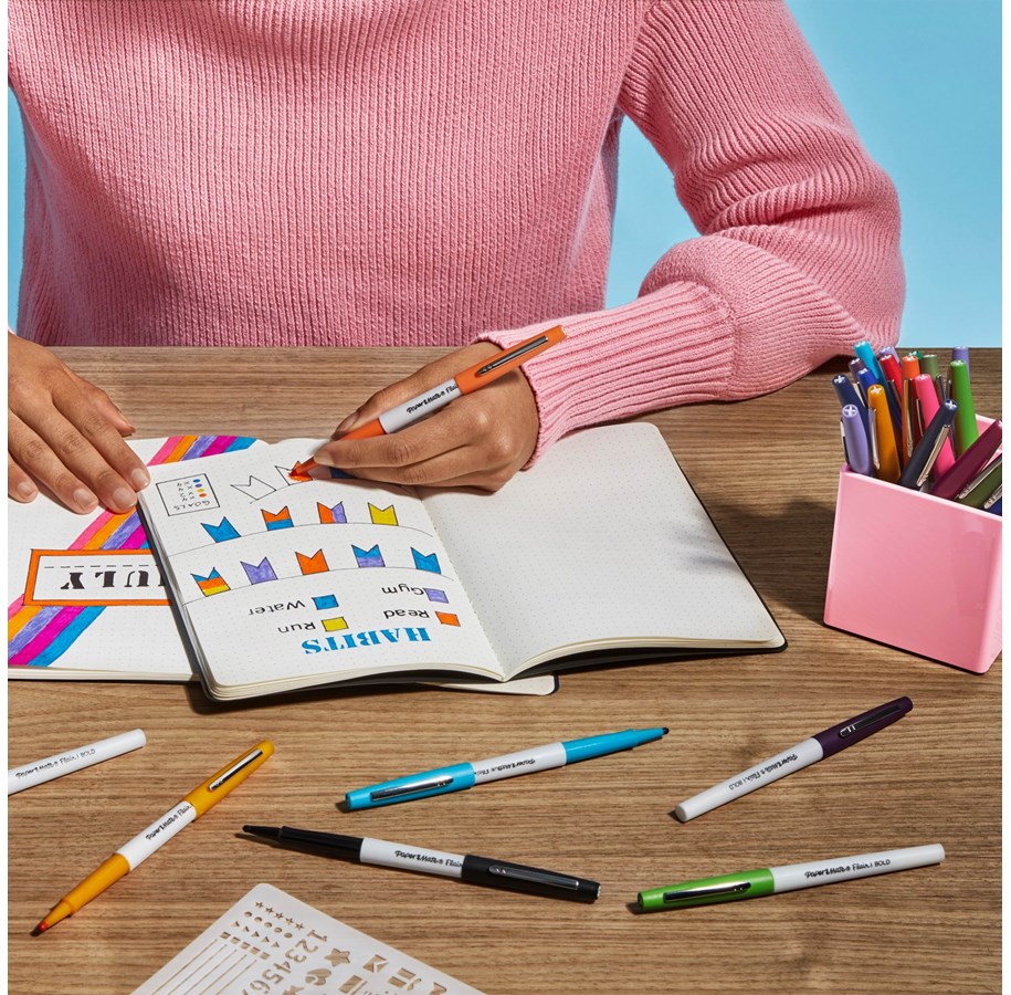 Paper Mate Flair Filzstifte 6er Pack – 1,2 Mm Kräftige Spitze, Wischfeste Tinte, Verschiedene Farben