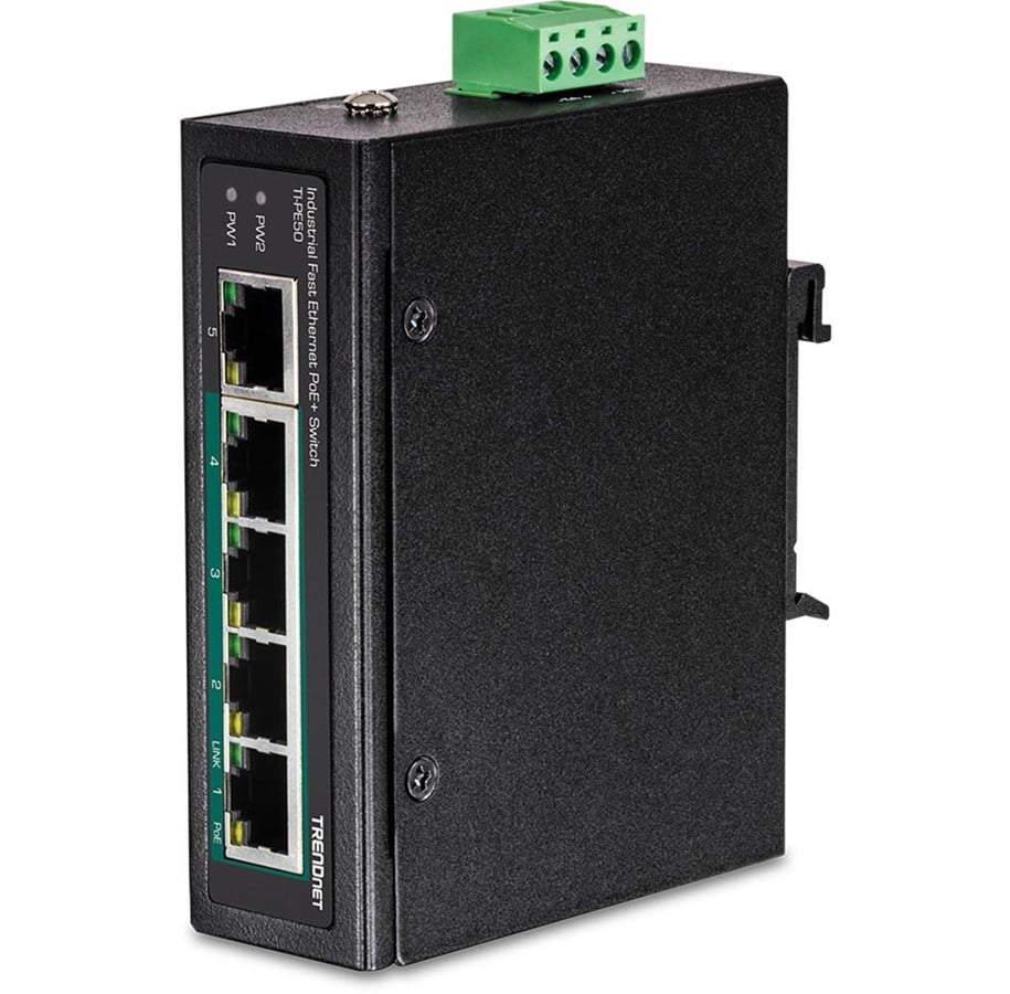 Switches - TRENDnet TI-PE50 5-Port Industrial Fast Ethernet PoE+ DIN-Rail Switch - TI-PE50