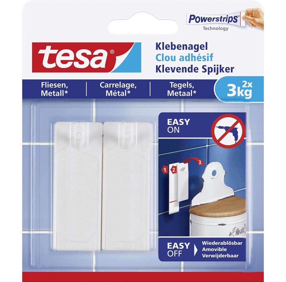 Kleiderbügel und Haken - tesa Adhesive Nail for Tiles & Metal 3kg 2 Hooks + 3 Strips - 77763-00000-00