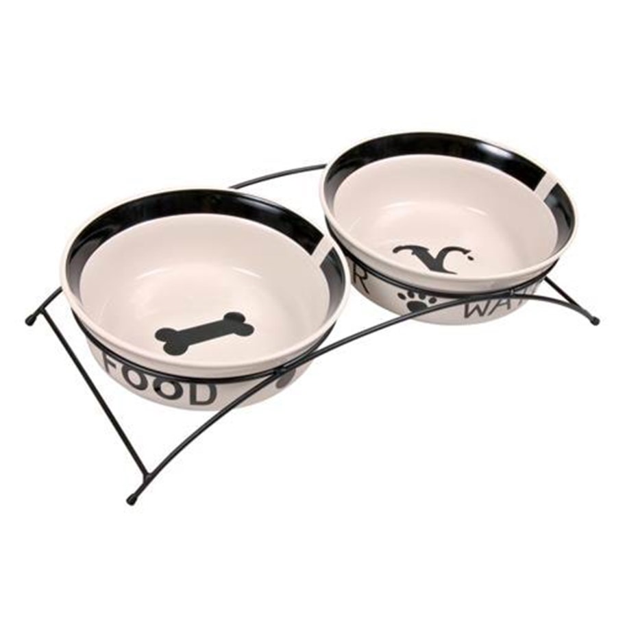 Hunde - Trixie Food/Water bowl set ceramic/metal 2 × 2.6 l/ø 25 cm/54 × 12 × 24 cm white/black *DEMO* - TX24643