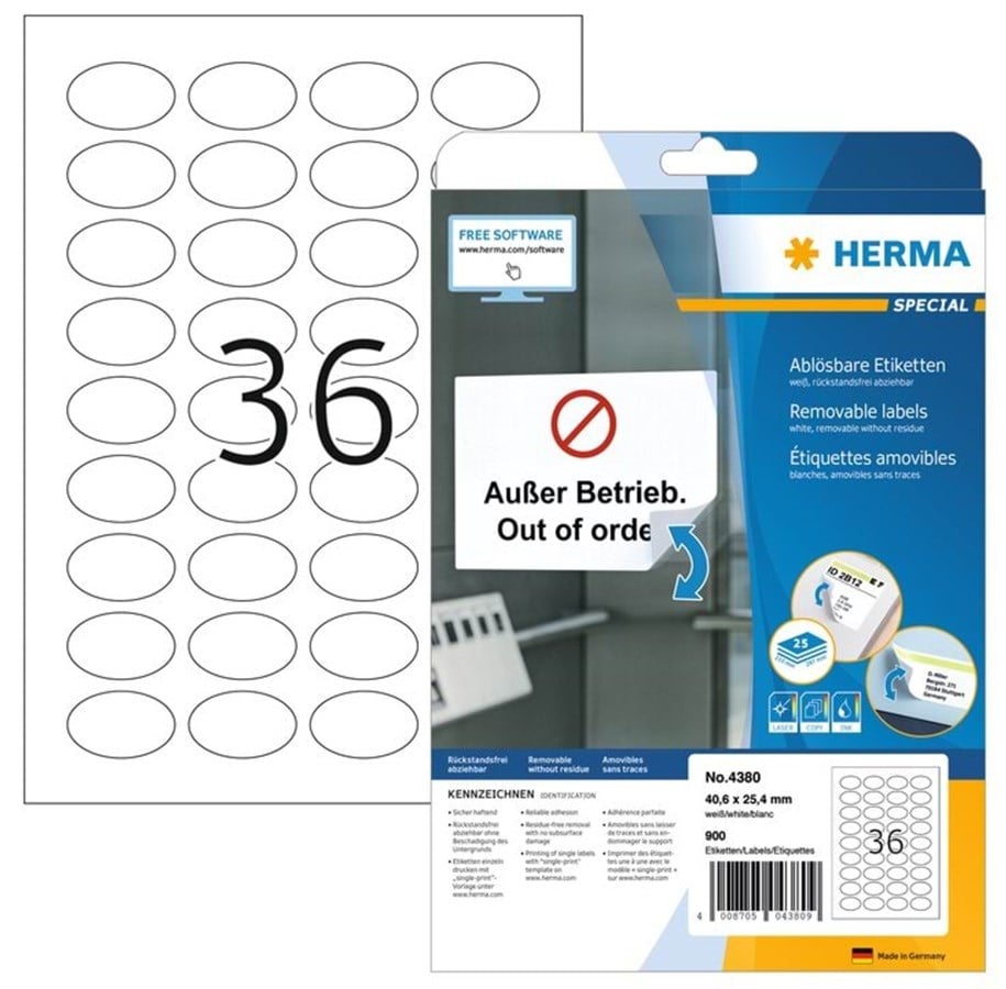 Papier, Fotopapier und Etiketten - HERMA Ablösbare Etiketten A4, 40,6 x 25,4 mm, oval, weiß - 4380