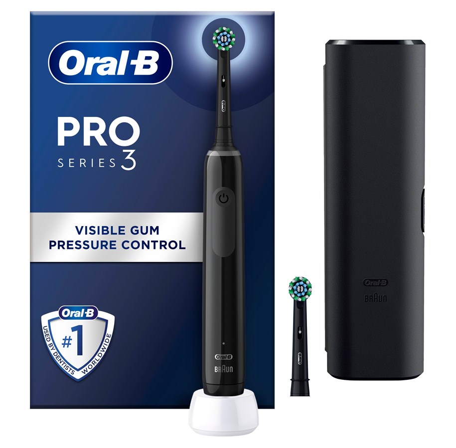 Elektrische Zahnbürsten - Oral-B Elektrische Zahnbürste Pro 3 3500 Black Edition + Extra CA Black Brush Head + Travel Case - 8006540759912