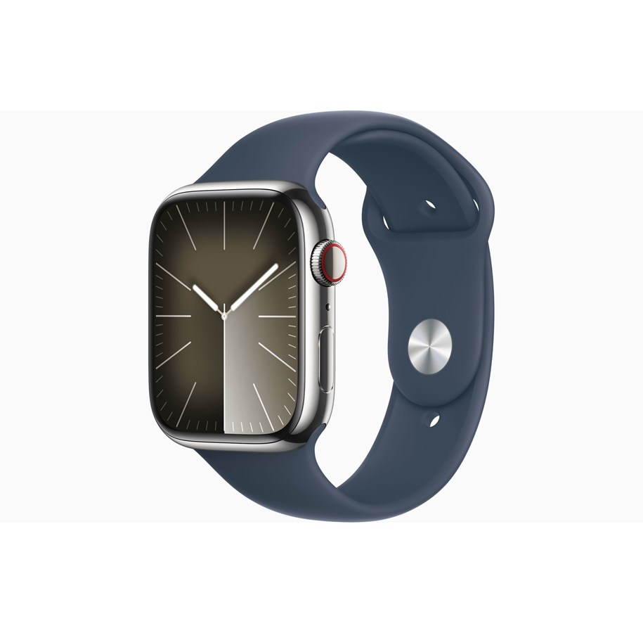 Smartwatches, Pulsuhren, Sportuhren & Schrittzähler - Apple Watch Series 9 GPS + Cellular 45mm - Silver Stainless Steel Case with Storm Blue Sport Band - M/L - MRMP3DH/A