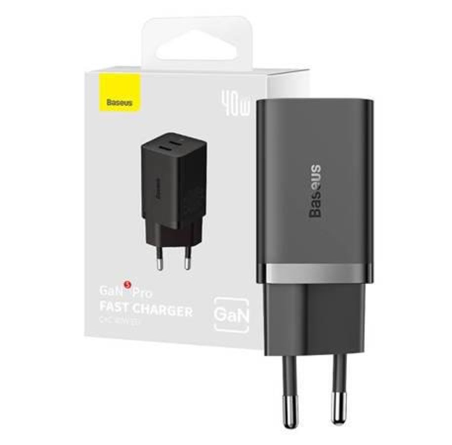 Handys - Adapter und Ladegeräte - Baseus 40W 2xUSB-C Wall Charger GaN5 - Black - CCGP180101