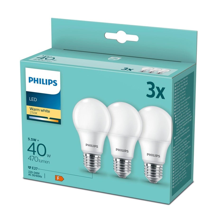 LED-Birnen - Philips LED-Lampe Standard 4.9W/827 (40W) Frosted 3-pack E27 - 929003540203
