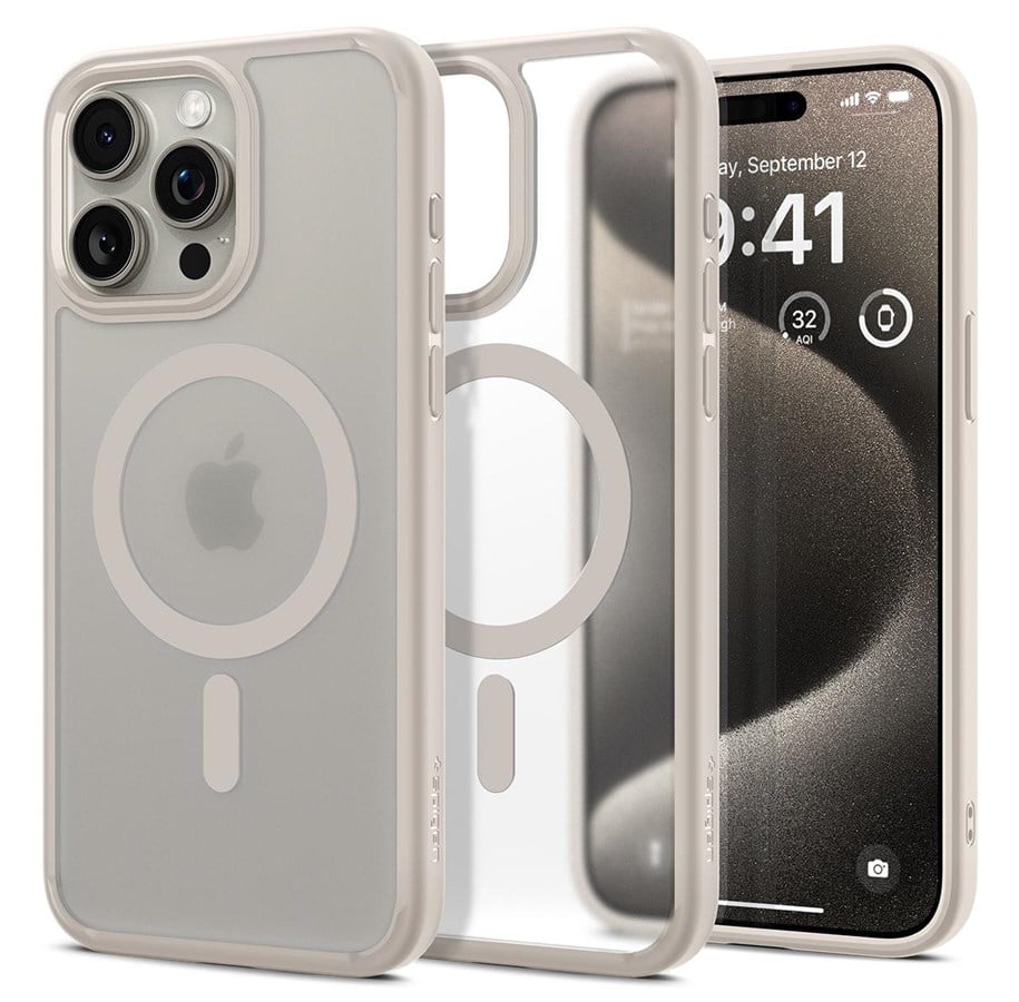Handys - Cover & Cases - Spigen Ultra Hybrid MagSafe - frost natural titanium - iPhone 15 Pro Max - ACS07210