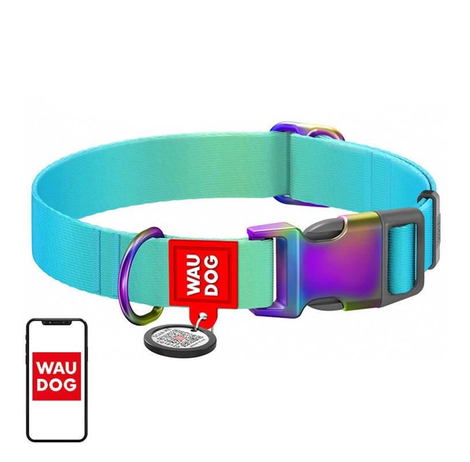 Hunde - Waudog Nylon Dog Collar with QR code Gradient Blue XL 25mm 37-58cm - 46502