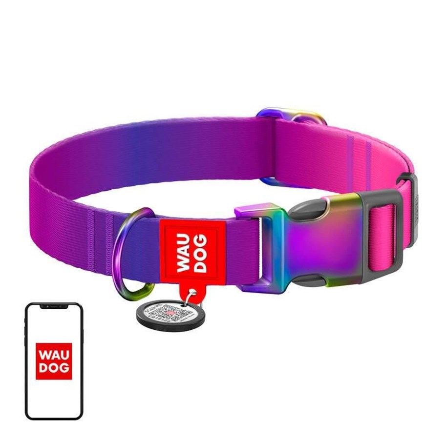 Hunde - Waudog Nylon Dog Collar with QR code Gradient Purple XL 25mm 37-58cm - 46509