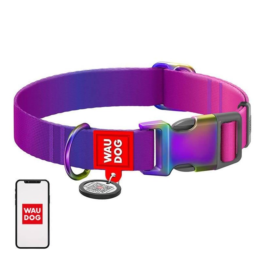 Hunde - Waudog Nylon Dog Collar with QR code Gradient Purple S 15mm 25-35cm - 46529
